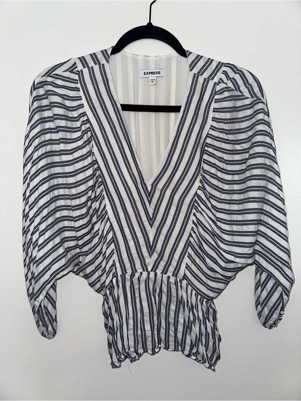 Express White and Black Striped V-Neck Peasant Blouse